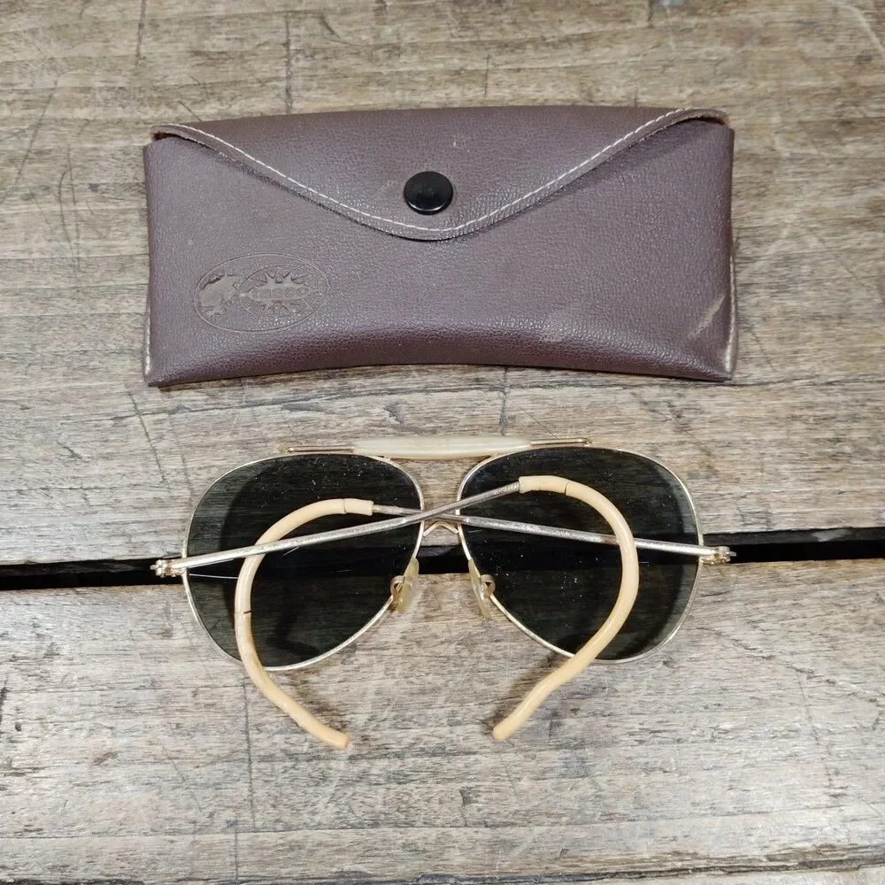 Vintage Tasco Aviator Shades Sunglasses & Case Japan Gold Frame